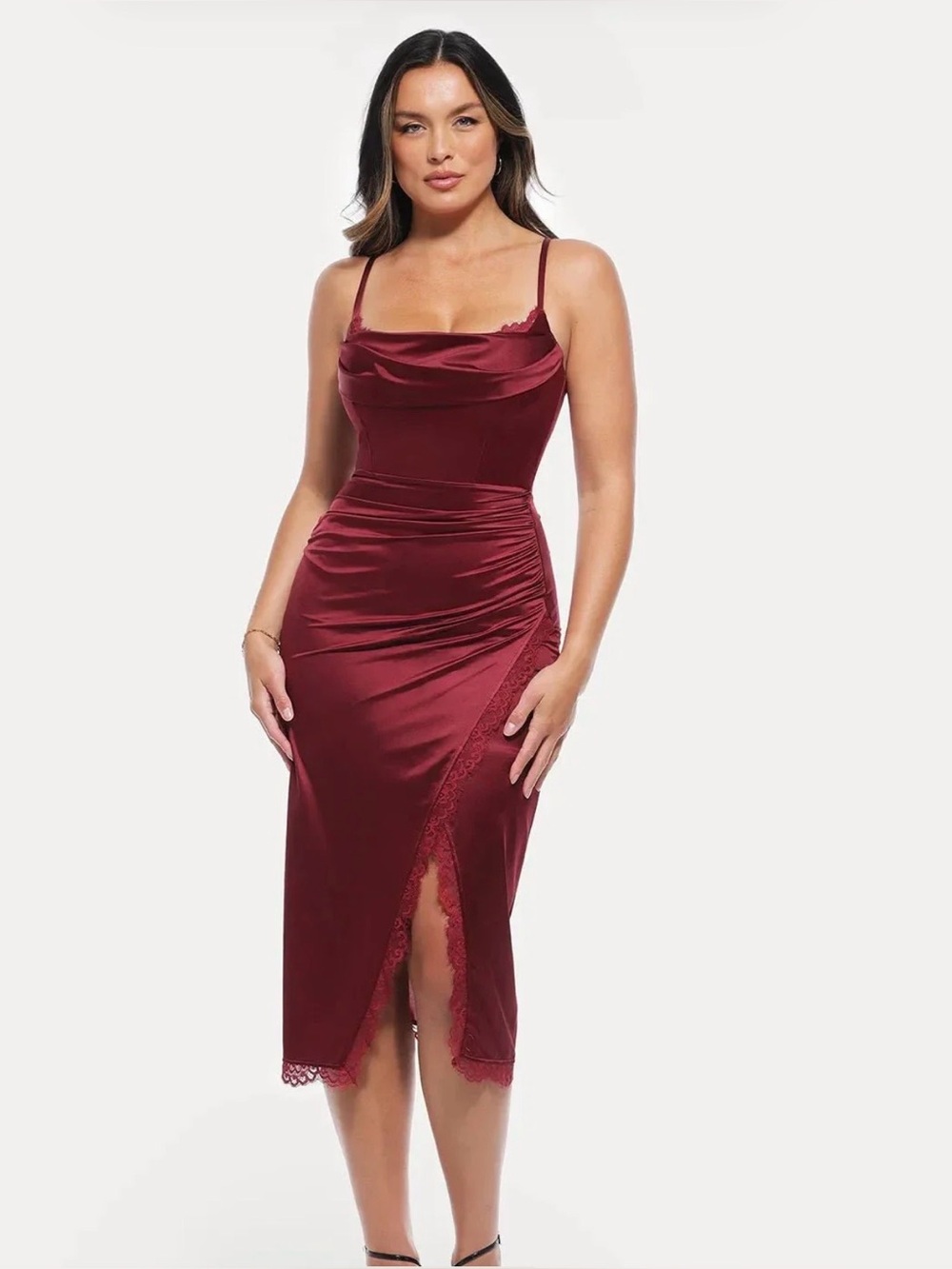 Satin Cowl Neck Midi Dress with Lace-Trim in Burgundy